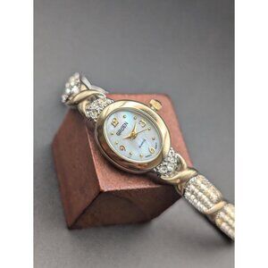 Vintage Gruen Two-Tone Crystal Ladies Watch, Mother of Pearl Rhinestone Bracelet